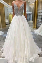 White v neck tulle long Evening Prom Dresses white tulle formal Dresses
