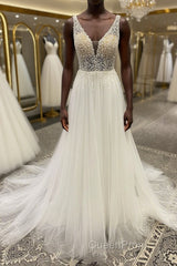 White v neck tulle sequin beads long Evening Prom Dresses, A line evening Dresses