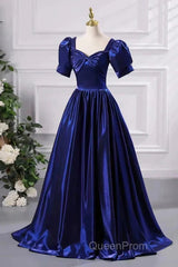 Wholesale Blue Satin Floor Length Evening Prom Dresses A-Line Short Sleeve Backless Evening Party Dresses