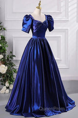Wholesale Blue Satin Floor Length Evening Prom Dresses A-Line Short Sleeve Backless Evening Party Dresses