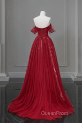 Wine Red A-Line Tulle Sweetheart Floor Length Party Dresses, Wine Red Tulle Evening Prom Dresses