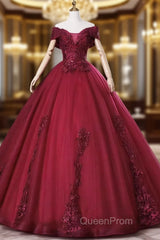 Wine Red Ball Gown Sweetheart Off Shoulder Long Party Dresses, Wine Red Sweet 16 Dresses