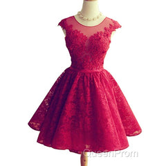 Wine Red Lace Knee Length Round Neckline Party Dresses, Cute Homecoming Dresses