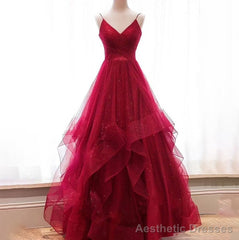 Wine Red Layers Tulle V-neckline Straps Formal Dress, Wine Red Evening Dress Party Dress