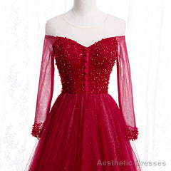 Wine Red Long Sleeves Beaded Tulle Evening Gown, A-line Wine Red Long Prom Dress