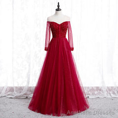 Wine Red Long Sleeves Beaded Tulle Evening Gown A-line Wine Red Long Prom Dress prom dresses shops