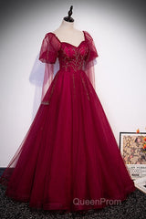 Wine Red Long Sleeves Tulle Evening Gown Evening Prom Dresses, Dark Red Beaded Party Dresses