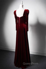 Wine Red Long Sleeves Velvet Long Party Dresses, Wine Red A-Line Evening Prom Dresses Wedding Party Dresses