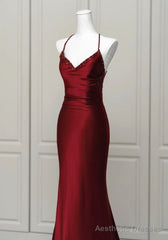 Wine Red Mermaid Backless Long Evening Dress, Wine Red Long Prom Dress