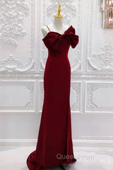 Wine Red Mermaid Evening Gown With Leg Slit, Straps Long Evening Prom Dresses