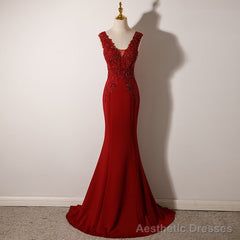 Wine Red Mermaid Floor Length Low Back Evening Dress, Burgundy Prom Dress Party Dress