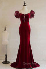 Wine Red Mermaid Long Party Dresses With Bow, Wine Red Evening Dresses Evening Prom Dresses