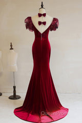 Wine Red Mermaid Long Party Dresses With Bow, Wine Red Evening Dresses Evening Prom Dresses