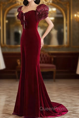 Wine Red Mermaid Long Party Dresses With Bow, Wine Red Evening Dresses Evening Prom Dresses