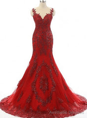 Wine Red Mermaid Long Party Dress with Lace Applique, Wine Red Formal Dresses
