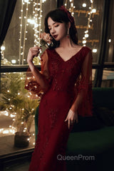 Wine Red Mermaid Long Evening Prom Dresses With Lace, V-Neckline Evening Prom Dresses
