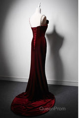Wine Red Mermaid Straps Beaded Long Formal Dresses, Wine Red Evening Dresses Evening Prom Dresses