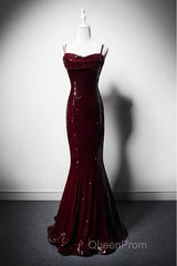 Wine Red Mermaid Straps Long Evening Prom Dresses Party Dresses, Wine Red Sequins Evening Dresses