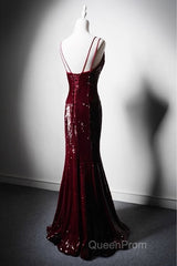Wine Red Mermaid Straps Long Evening Prom Dresses Party Dresses, Wine Red Sequins Evening Dresses