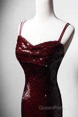 Wine Red Mermaid Straps Long Evening Prom Dresses Party Dresses, Wine Red Sequins Evening Dresses