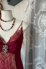 Wine Red Mermaid Straps Sweetheart Party Dresses, Wine Red Lace Evening Prom Dresses