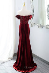 Wine Red Mermaid Velvet Long Party Dresses, Wine Red Evening Prom Dresses Evening Dresses