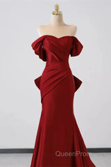 Wine Red Off Shoulder Mermaid Long Party Dresses, Wine Red Evening Dresses Evening Prom Dresses