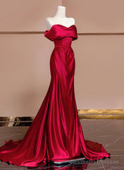 Wine Red Off Shoulder Satin Long Evening Dress, Wine Red Prom Dress