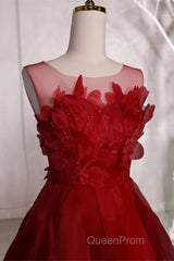 Wine Red Round Neckline A-Line Beaded Party Dresses, Wine Red Long Evening Prom Dresses