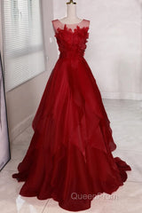 Wine Red Round Neckline A-Line Beaded Party Dresses, Wine Red Long Evening Prom Dresses