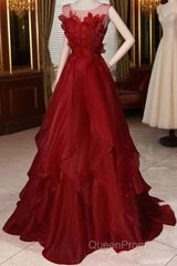 Wine Red Round Neckline A-Line Beaded Party Dresses, Wine Red Long Evening Prom Dresses
