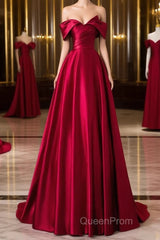 Wine Red Satin A-Line Evening Prom Dresses, Wine Red Evening Dresses Formal Dresses