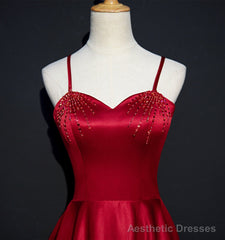 Wine Red Satin Beaded Sweetheart Party Dress, A-line Wine Red Prom Dress