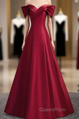 Wine Red Satin Long Party Dresses, A-Line Wine Red Satin Evening Prom Dresses