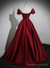 Wine Red Satin Long Party Dress, Off Shoulder Sweetheart Floor Length Prom Dress