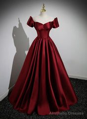 Wine Red Satin Long Party Dress, Off Shoulder Sweetheart Floor Length Prom Dress
