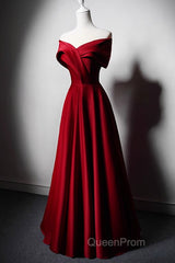 Wine Red Satin Off Shoulder A-Line Party Dresses, Wine Red Long Formal Dresses Evening Prom Dresses