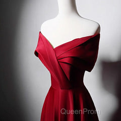 Wine Red Satin Off Shoulder A-Line Party Dresses, Wine Red Long Formal Dresses Evening Prom Dresses