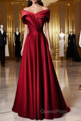 Wine Red Satin Off Shoulder A-Line Party Dresses, Wine Red Long Formal Dresses Evening Prom Dresses
