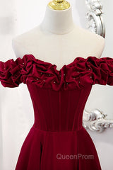 Wine Red Satin Off Shoulder Beaded Long Formal Dresses, Wine Red A-Line Evening Prom Dresses
