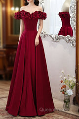 Wine Red Satin Off Shoulder Beaded Long Formal Dresses, Wine Red A-Line Evening Prom Dresses