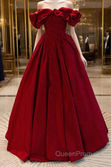 Wine Red Satin Off Shoulder Chic Long Party Dresses, Wine Red Sweetheart Evening Prom Dresses