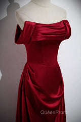 Wine Red Satin Off Shoulder Long Party Dresses, A-Line Satin Evening Prom Dresses