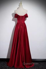 Wine Red Satin Off Shoulder Long Party Dresses, A-Line Satin Evening Prom Dresses