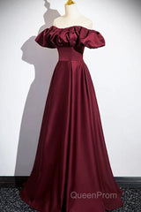 Wine Red Satin Off Shoulder Long Party Dresses, Wine Red Satin Evening Prom Dresses