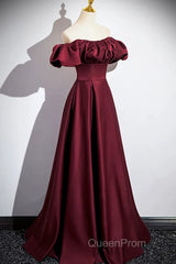 Wine Red Satin Off Shoulder Long Party Dresses, Wine Red Satin Evening Prom Dresses