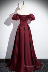 Wine Red Satin Off Shoulder Long Party Dresses, Wine Red Satin Evening Prom Dresses