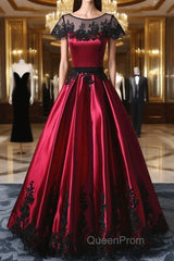 Wine Red Satin Round Neckline With Black Lace Party Dresses, Wine Red Evening Prom Dresses