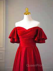 Wine Red Satin Short Sleeves Long Party Dresses, Wine Red Satin Evening Prom Dresses