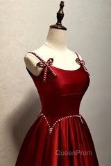 Wine Red Satin Straps Beaded Long Party Dresses, Wine Red A-Line Evening Prom Dresses